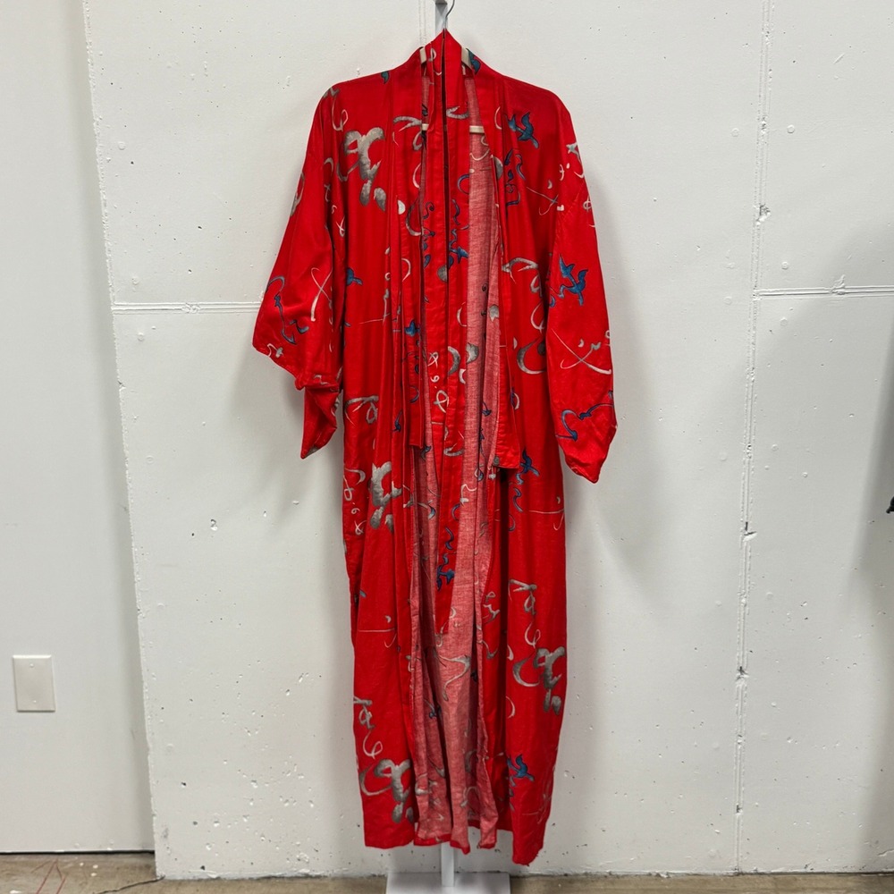 Vintage Gypsy Pier 1 Red Cotton Kimono‎ Robe Japan Calligraphy Print OSFM Maxi